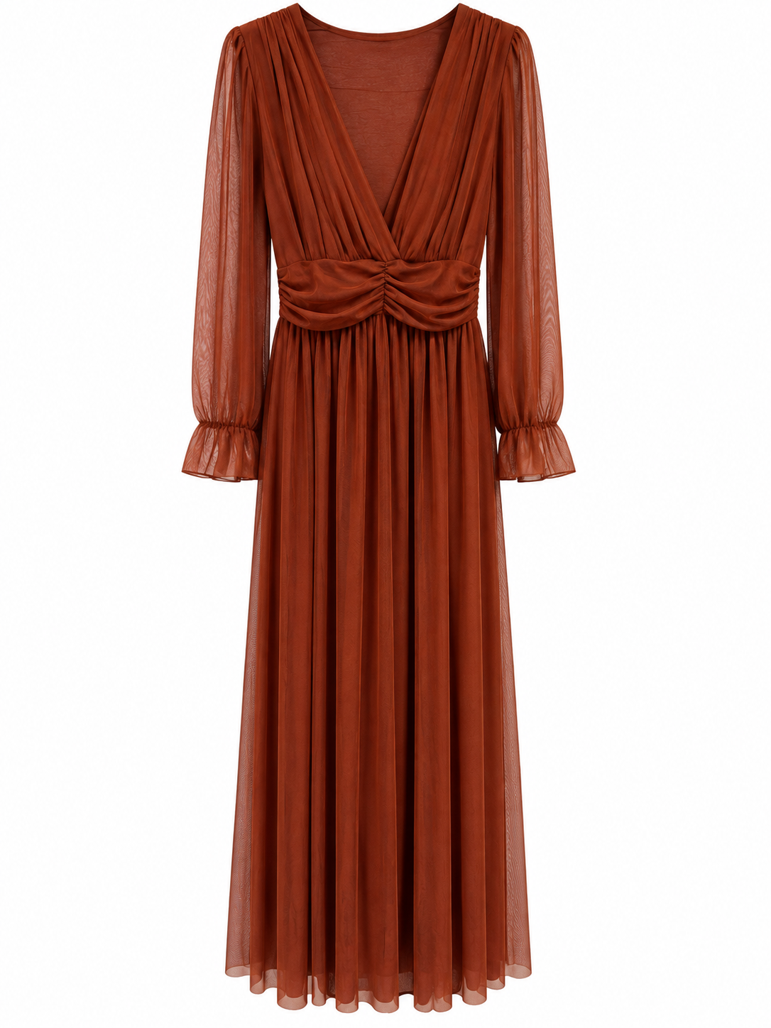 Robe longue habillée en tulle rouille manches transparentes col V drapé pour cérémonie femme