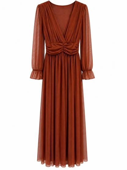 Robe longue habillée en tulle rouille manches transparentes col V drapé pour cérémonie femme
