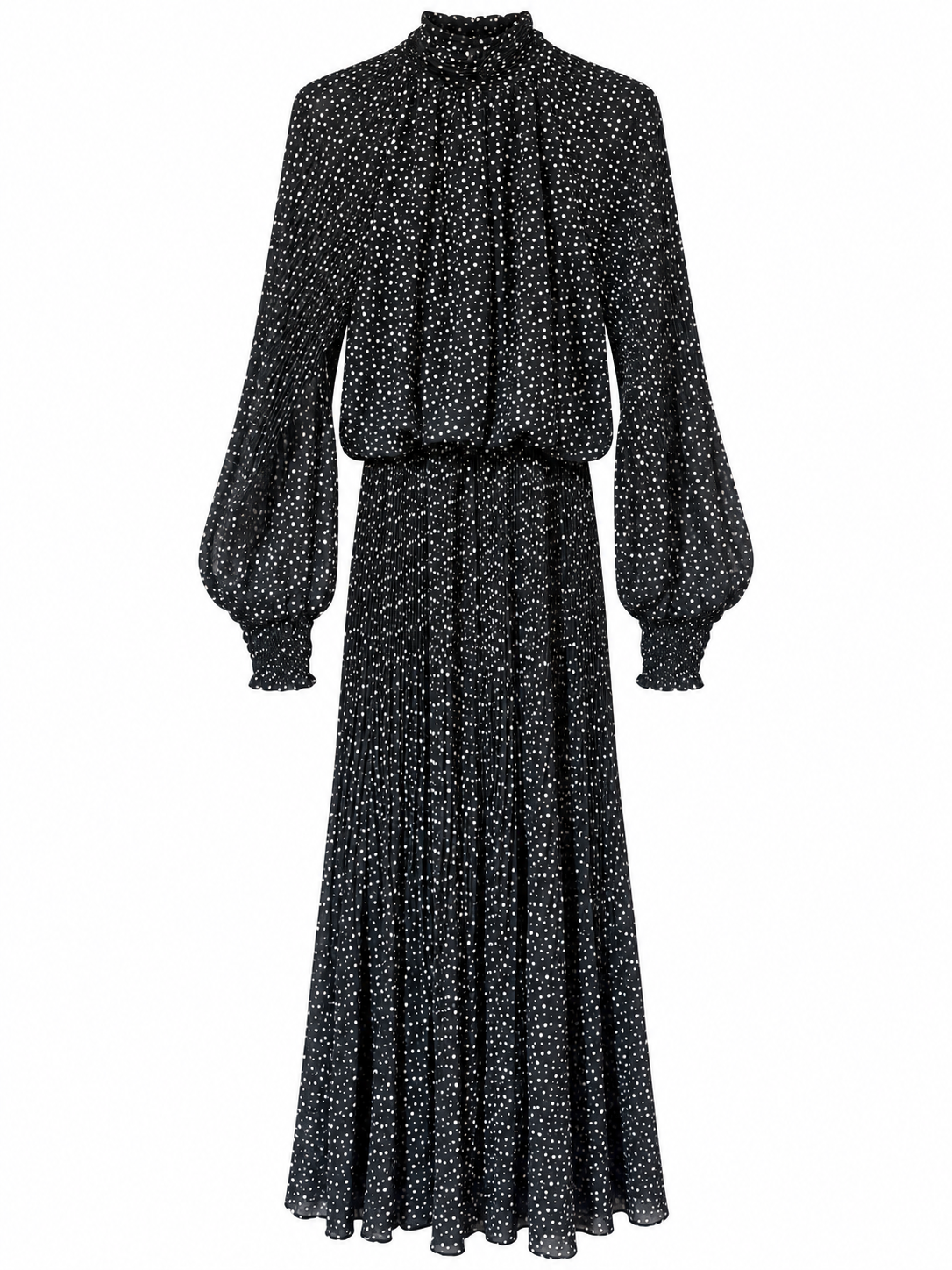 Robe longue noire à pois blancs col montant manches bouffantes jupe plissée fluide femme élégante