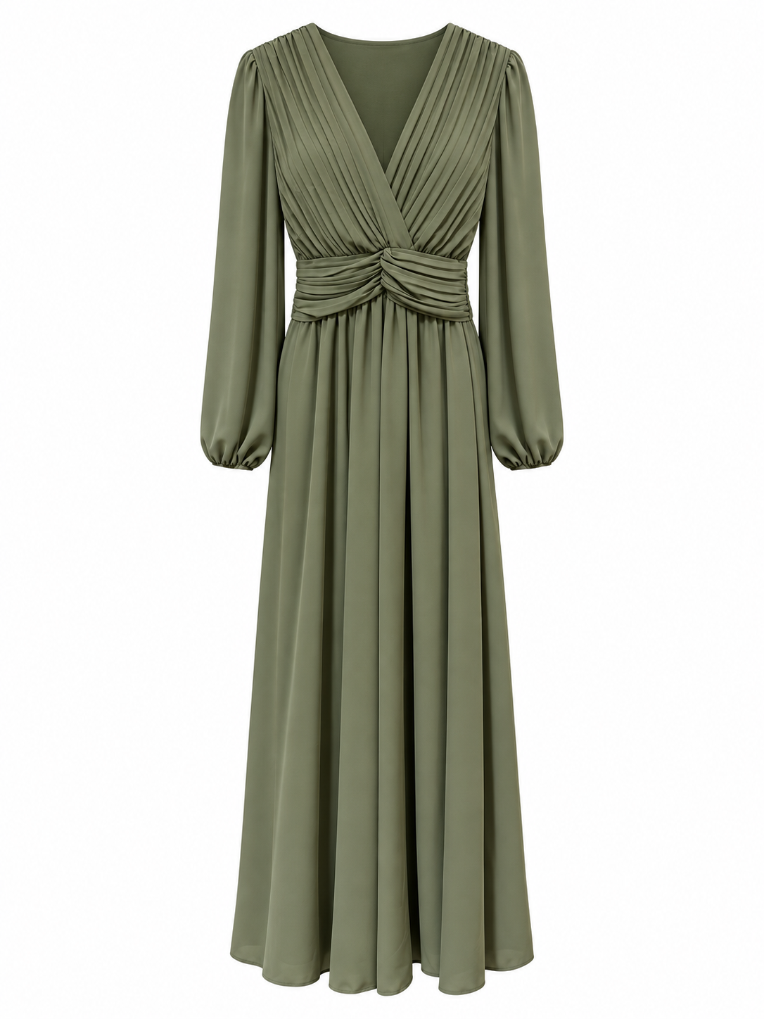 Robe longue cérémonie vert kaki en mousseline plissée col V manches longues femme élégante