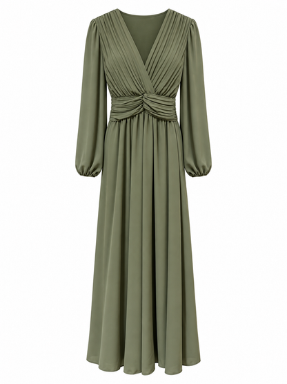Robe longue cérémonie vert kaki en mousseline plissée col V manches longues femme élégante
