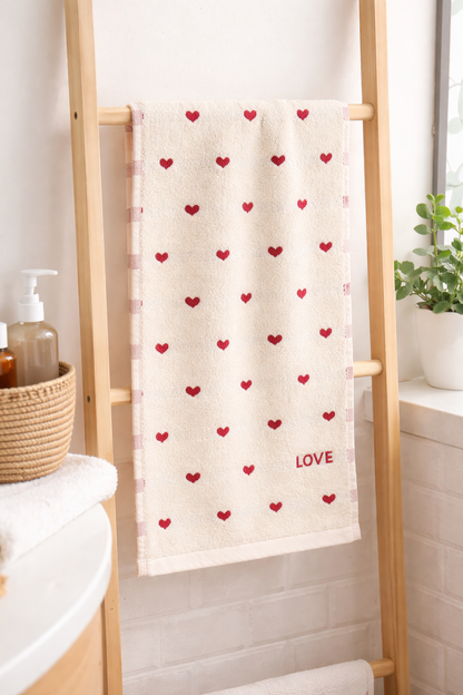 Serviette invité beige à petits cœurs rouges et inscription LOVE brodée — cadeau Fête des Mères 74x34 cm