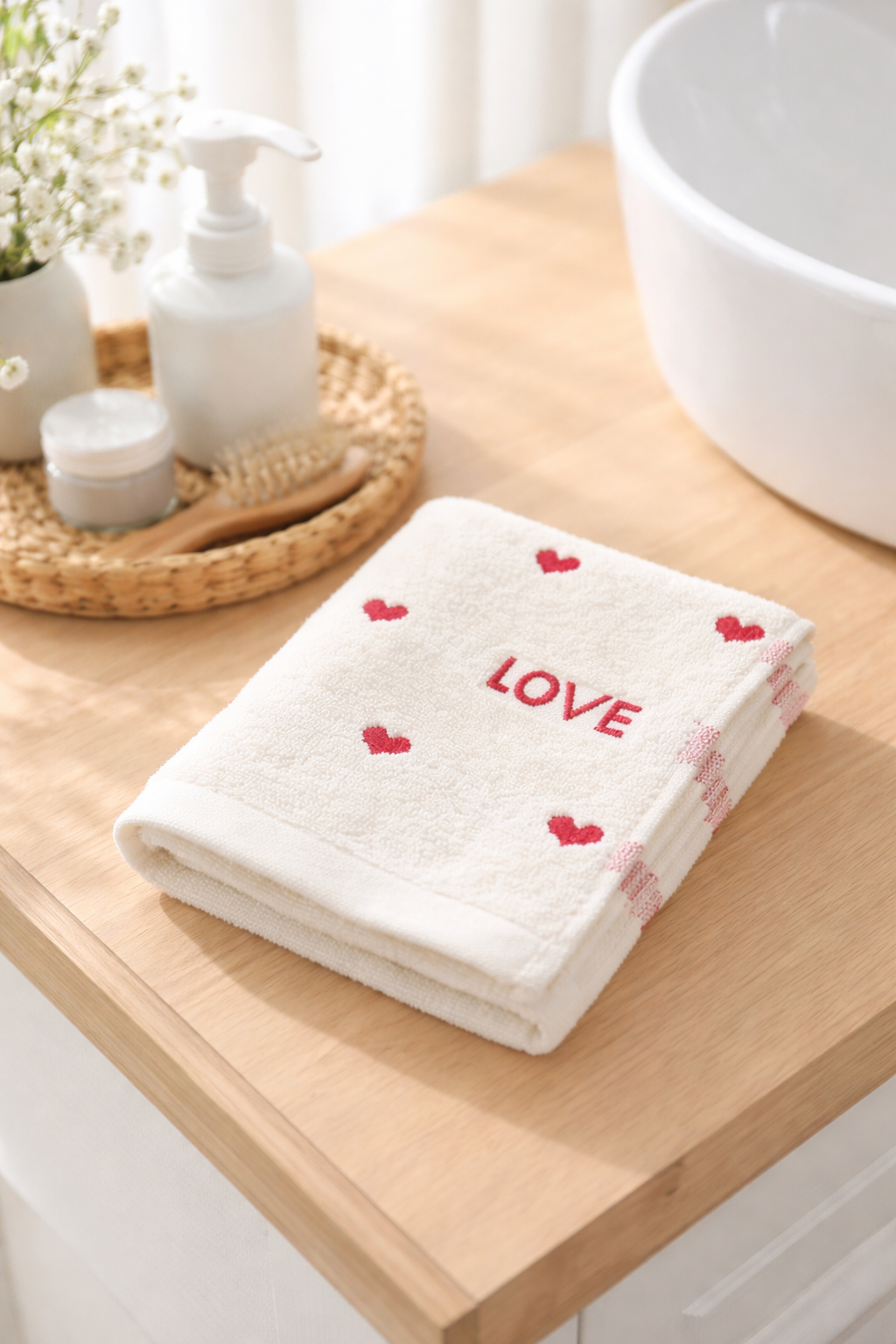 Serviette avec coeurs rouges plié dans un fond lifestyle