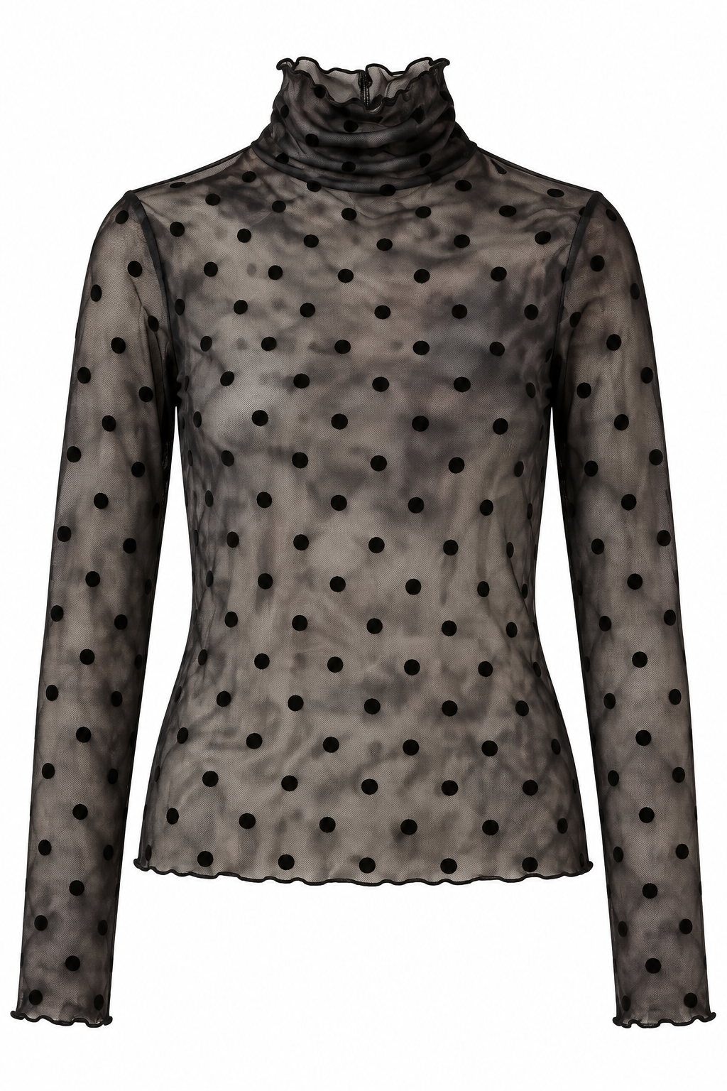 Top col roulé en mesh transparent noir à pois femme manches longues style tendance