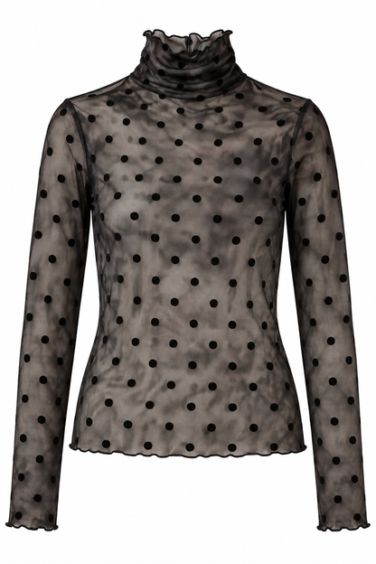 Top col roulé en mesh transparent noir à pois femme manches longues style tendance