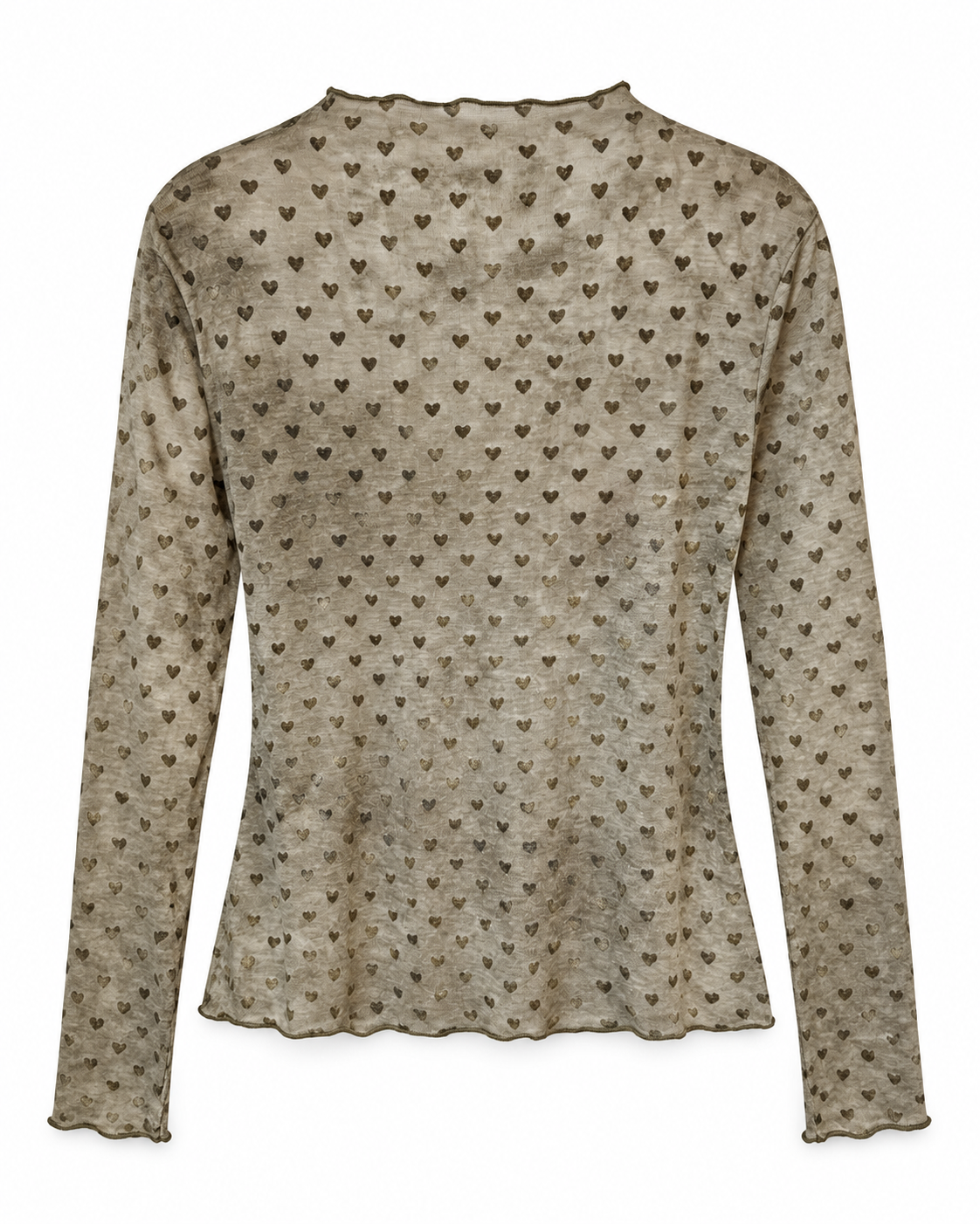 Top mesh beige imprimé cœurs manches longues femme, haut transparent motif cœur tendance