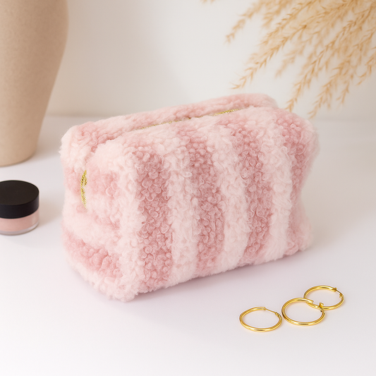 Trousse en moumoute rayée rose ms en scene