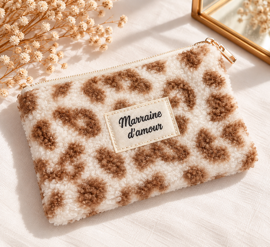 Pochette moumoute sherpa léopard beige et marron Marraine d'amour, trousse douce cadeau marraine femme