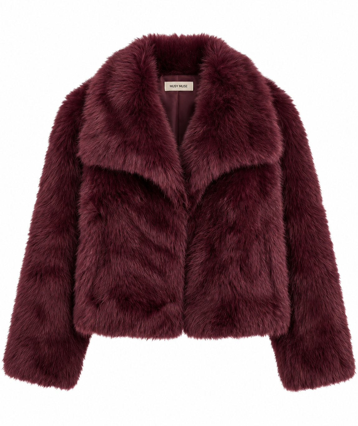 Veste fourrure synthétique bordeaux femme coupe courte col large style chic hiver MUSY MUSE