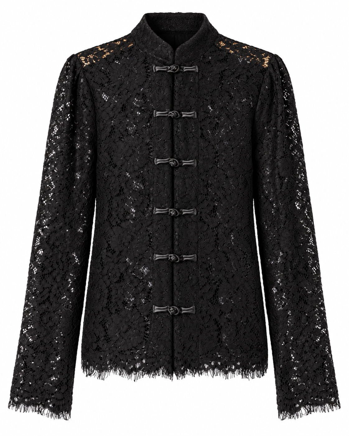 Blouse en dentelle style mandarin - Haut noir boutons brandebourgs