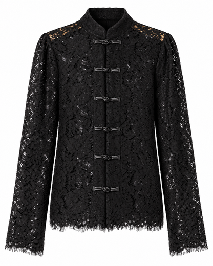Blouse en dentelle style mandarin - Haut noir boutons brandebourgs