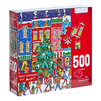 Puzzle de Noël 500 pièces scène village enneigé sapin décoré marché de Noël illustration colorée déco festive