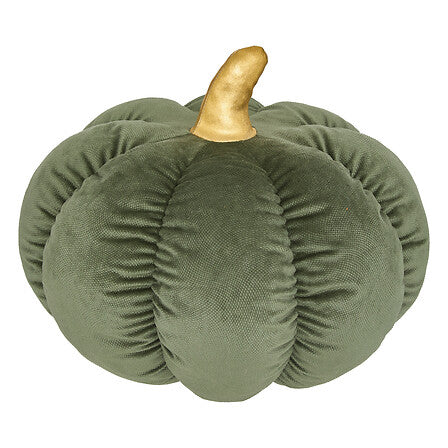 Coussin citrouille décoratif Lilou en velours vert kaki avec tige dorée, décoration automne tendance pour intérieur cosy