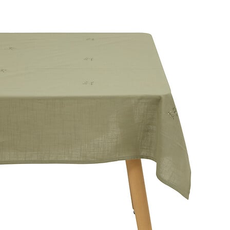 Nappe en coton vert sauge Joy 150x250cm avec broderies délicates, linge de table déco naturel