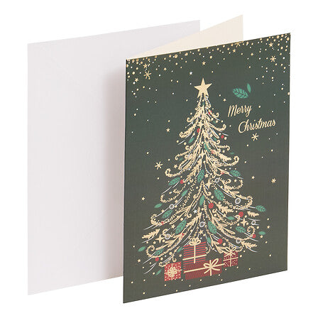 Carte de vœux Noël sapin doré sur fond vert foncé avec étoiles et cadeaux décoration festive