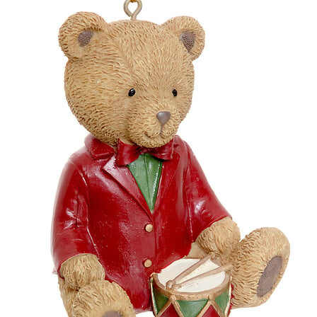 Sujet décoratif ourson en résine 8 cm veste rouge et tambour décoration sapin de Noël traditionnelle
