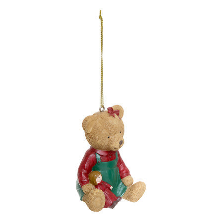 Sujet déco Noël ourson résine 8 cm salopette verte pull rouge tenant poupée décoration sapin festive