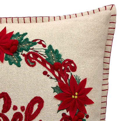 Coussin brodé couronne 45x45 cm - Déco Noël poinsettia rouge