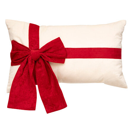 Coussin décoratif blanc avec nœud velours rouge façon paquet cadeau 30x50 cm décoration Noël festive