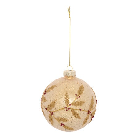 Boule de Noël en verre doré motif houx avec billes rouges diam 8 cm décoration sapin festive