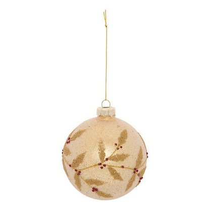 Boule de Noël en verre doré motif houx avec billes rouges diam 8 cm décoration sapin festive