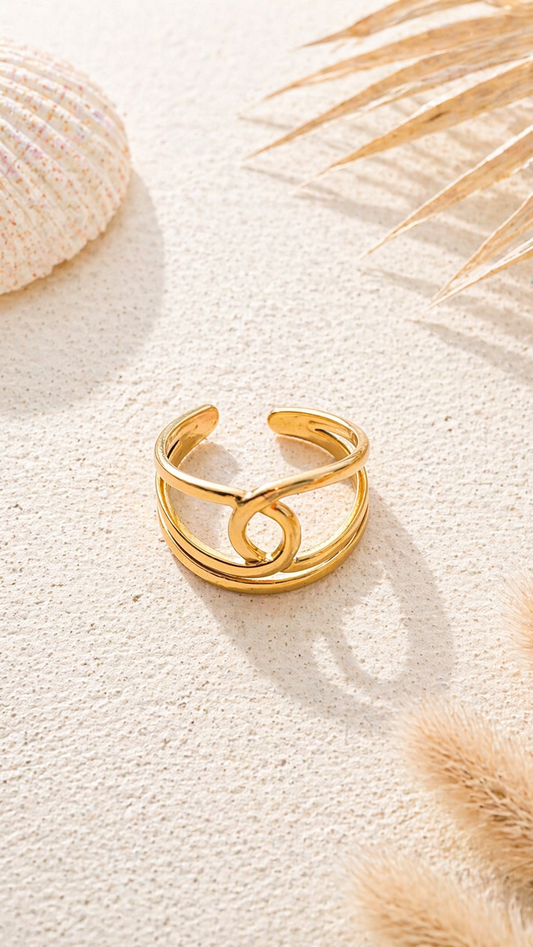 Bague dorée anneaux croisés entrelacés ajustable acier inoxydable