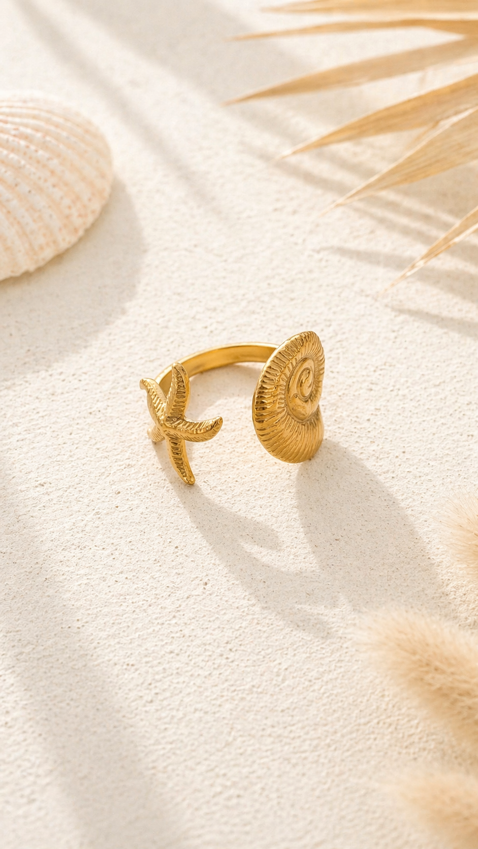 Bague dorée étoile de mer et coquillage ajustable style marin acier inoxydable