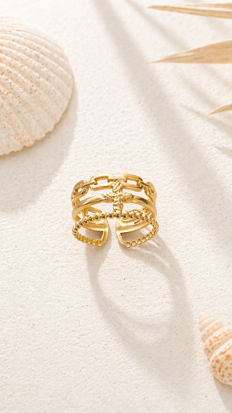 Bague dorée multi anneaux effet chaînes et perles ajustable acier inoxydable