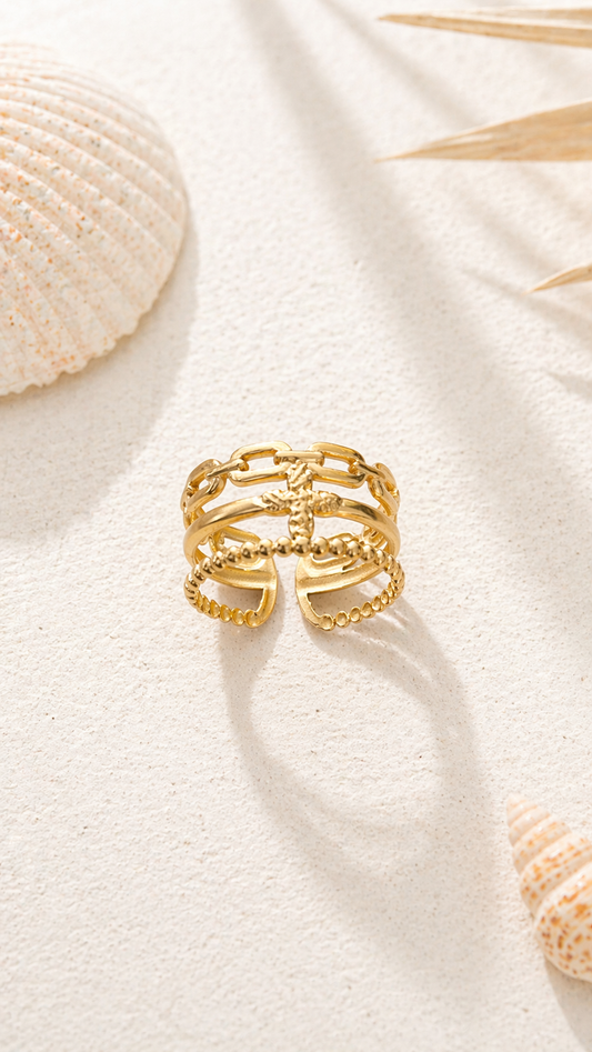 Bague dorée multi anneaux effet chaînes et perles ajustable acier inoxydable