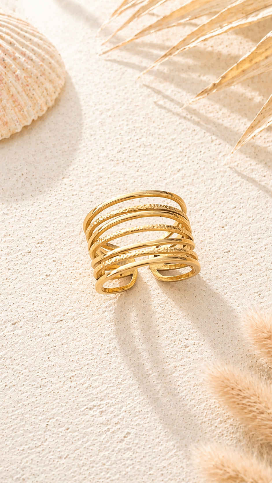 Bague dorée multi lignes anneaux superposés ajustable acier inoxydable