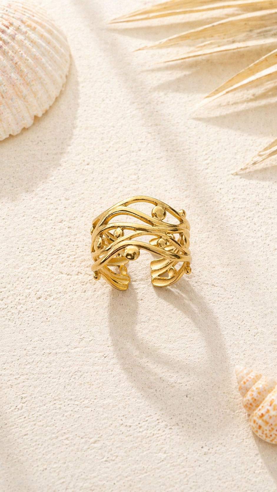 Bague dorée branches entrelacées avec perles ajustable acier inoxydable