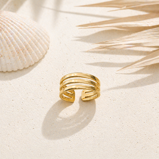 Bague ouverte réglable triple anneau dorée lisse acier inoxydable minimaliste