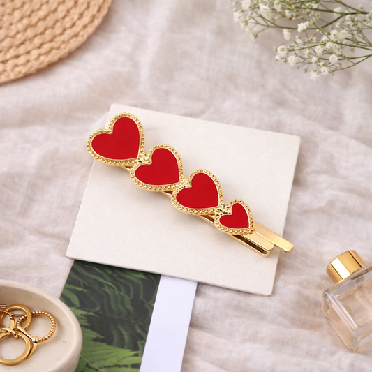 Barrette cheveux dorée avec cœurs rouges émaillés