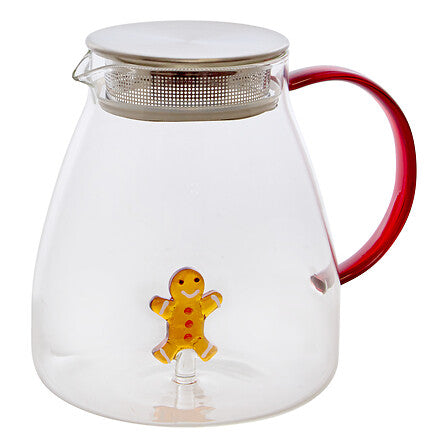 Théière en verre 1L avec figurine pain d'épices décoration Noël collection Nelya anse rouge infuseur inox