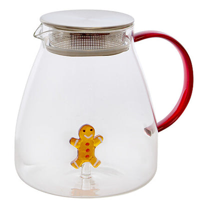 Théière en verre 1L avec figurine pain d'épices décoration Noël collection Nelya anse rouge infuseur inox