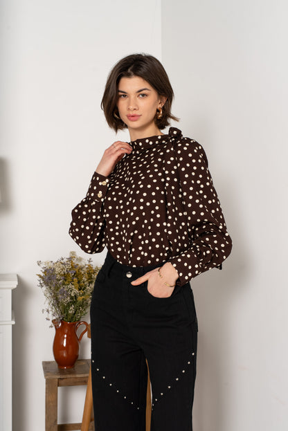 Blouse Alix marron à pois col lavallière look élégant femme