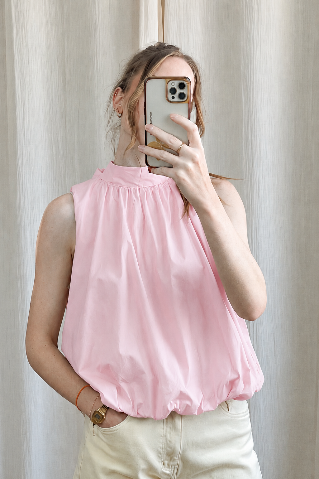 Blouse dos nu rose pastel col montant effet ballon sans manches femme chic été