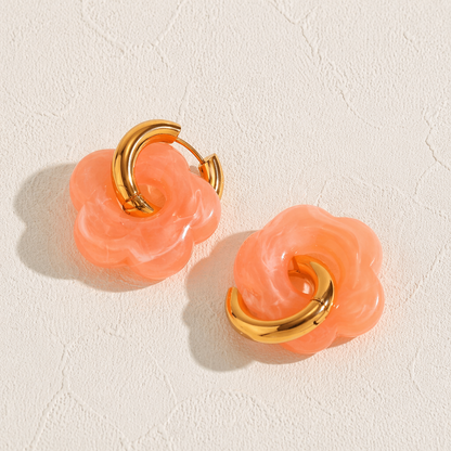 Boucles d'oreilles créoles dorées fleur résine saumon acier inoxydable