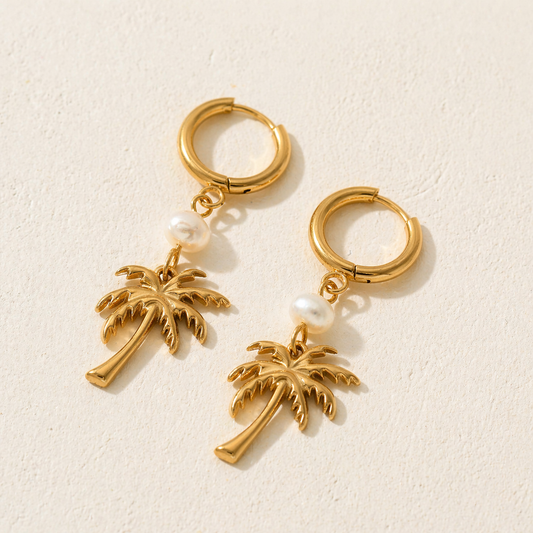 Boucles d'oreilles créoles dorées charm palmier et perle baroque acier inoxydable 4,5cm