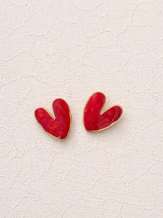 Puces boucles d'oreilles cœur émaillé rouge vif contours dorés 2,5cm