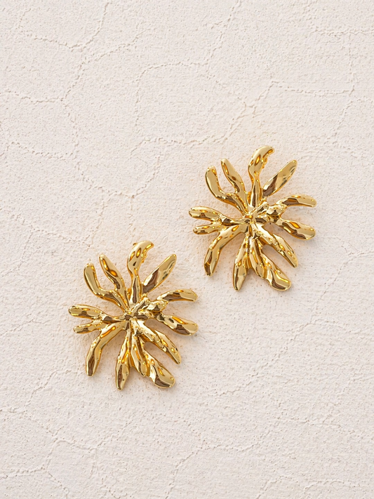 Boucles d'oreilles puces fleur soleil sculptée dorée brillante 5cm diamètre