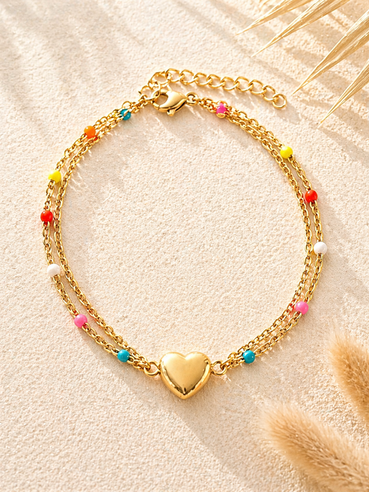 Bracelet double chaîne dorée avec cœur et perles multicolores ajustable 17 5 cm acier inoxydable