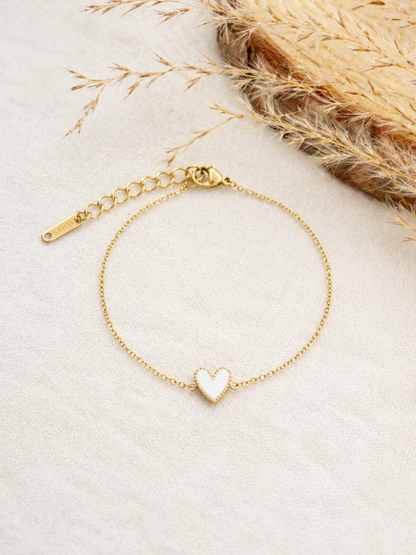 Bracelets mini cœur émaillé chaîne dorée acier inoxydable couleur blanc — cadeau Fête des Mères