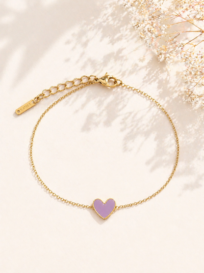 Bracelets mini cœur émaillé chaîne dorée acier inoxydable couleur lilas — cadeau Fête des Mères