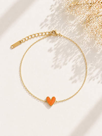Bracelets mini cœur émaillé chaîne dorée acier inoxydable couleur orange — cadeau Fête des Mères