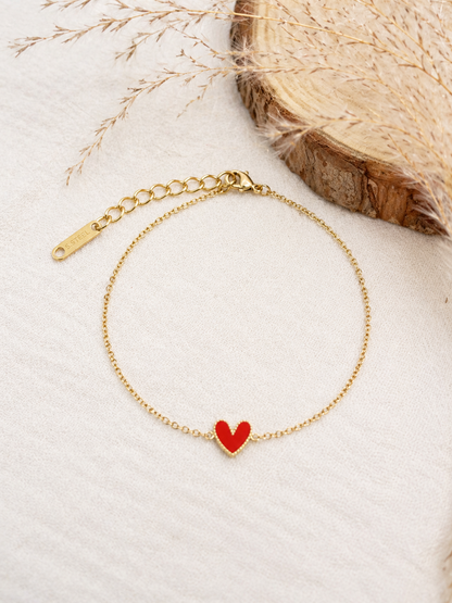 Bracelets mini cœur émaillé chaîne dorée acier inoxydable couleur rouge — cadeau Fête des Mères