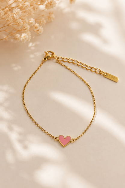 Bracelet mini cœur émaillé rose chaîne dorée acier inoxydable femme bijou minimaliste tendance