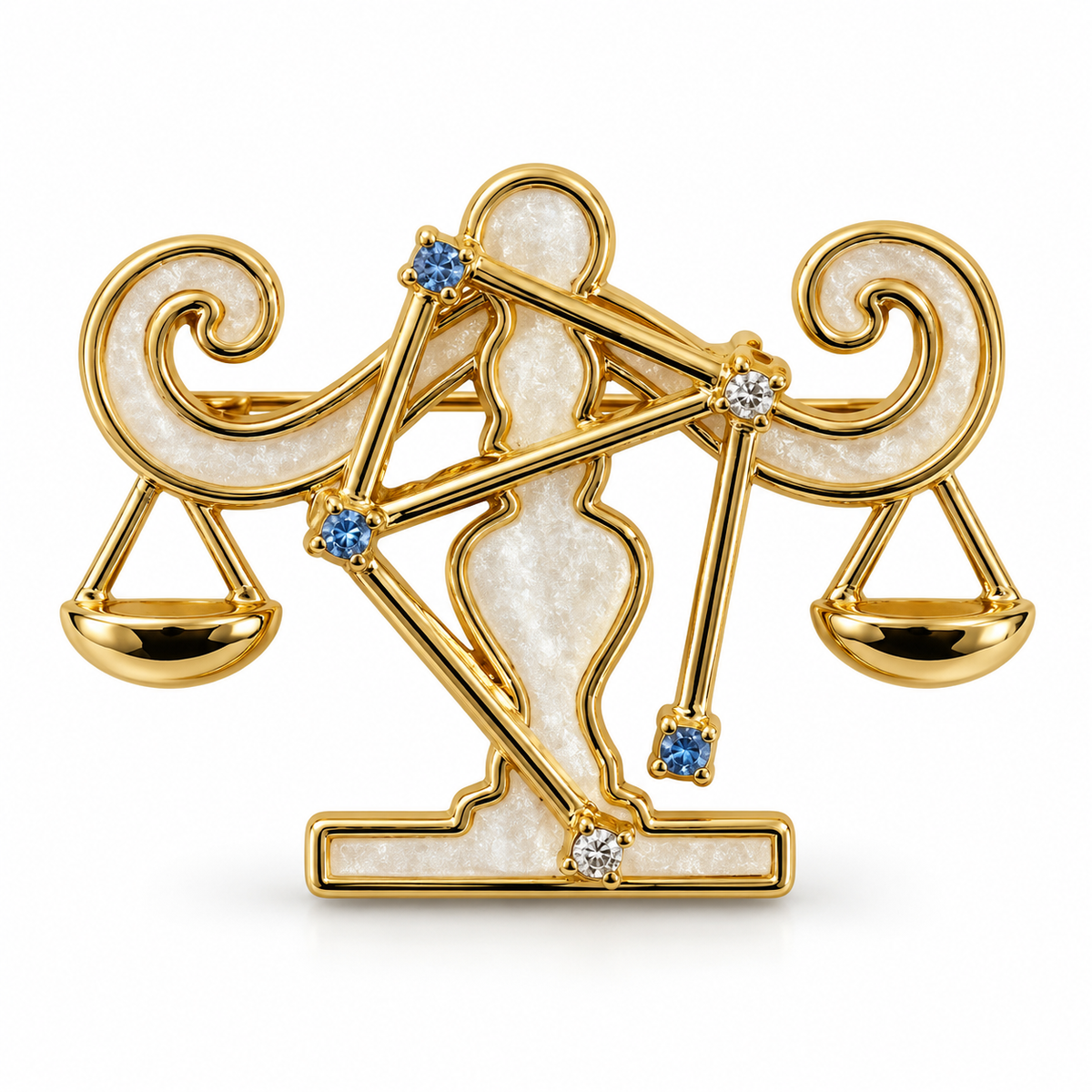 Broche dorée signe astrologique Balance avec constellation cristaux bleus et blancs accessoire bijou femme zodiaque