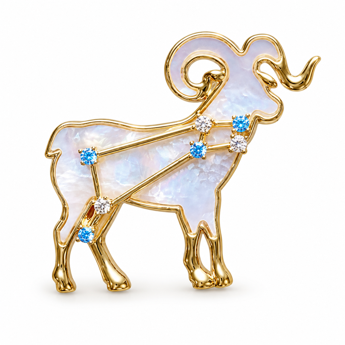 Broche dorée signe astrologique Bélier constellation nacre et cristaux bleus accessoire femme zodiaque