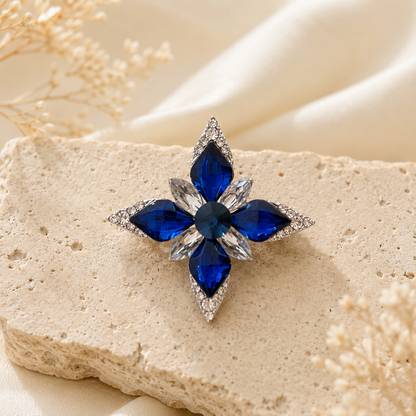 Broche étoile cristaux bleu saphir et strass transparents, épinglette fleur élégante femme accessoire bijou fantaisie